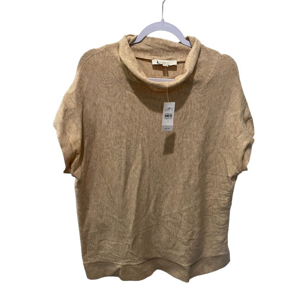 LOFT LIGHT BEIGE CREAM SOFT STRETCHY MOCK NECK CAP SLEEVE OVERSIZED SWEATER